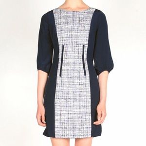 Tibi Blue Mixed Media Tweed and Silk Shift Dress